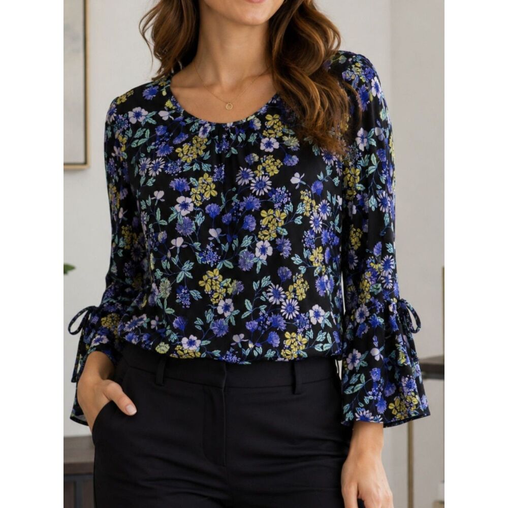 Liz Claiborne Floral Blouse Medium Black Blue Bell Sleeve Tie Career Top